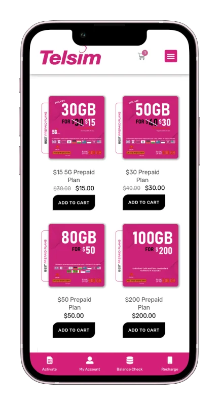 A view of prepaid eSIM Australia plans by Telsim online eSIM Australia Prepaid Plans on mobile screen.