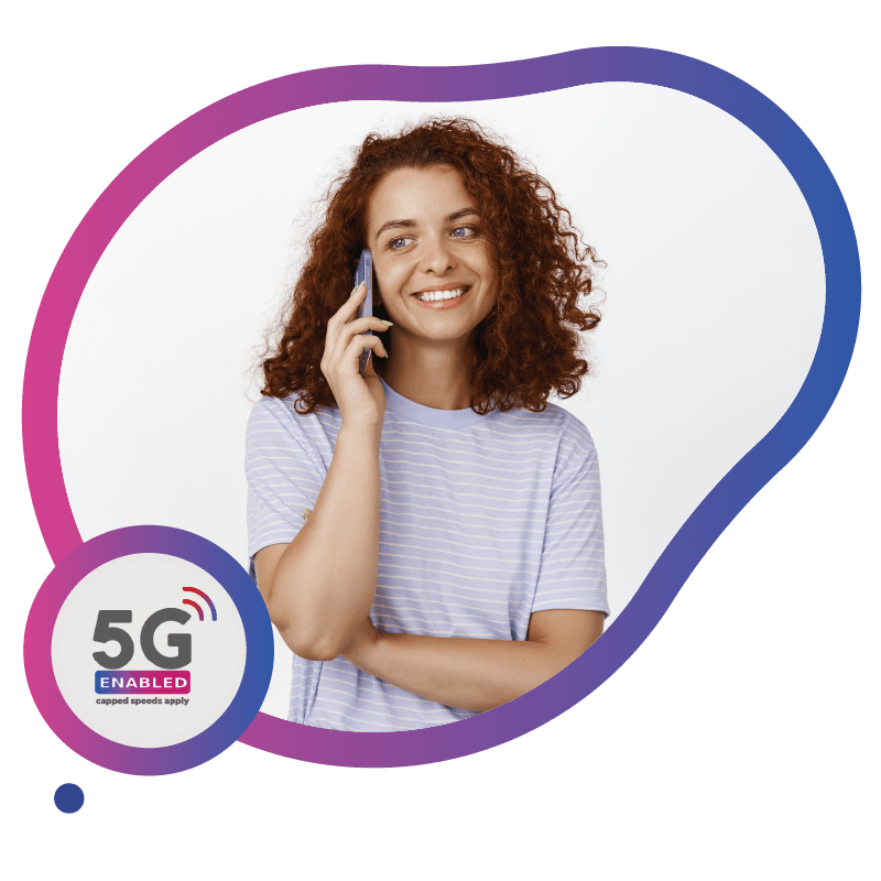 A person with curly hair holds a phone to their ear, wearing a striped shirt, with a 5G icon, representing the ease and convenience of hassle-free eSIM connectivity in Australia.