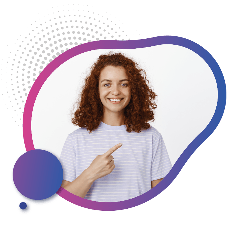 A person with curly red hair points confidently, wearing a striped shirt, symbolizing eSIM as the smart choice for seamless and efficient connectivity in Australia