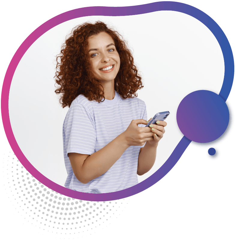 A person with curly hair stands holding a smartphone, dressed in a light striped t-shirt, symbolizing the variety of prepaid eSIM options available for easy connectivity in Australia.