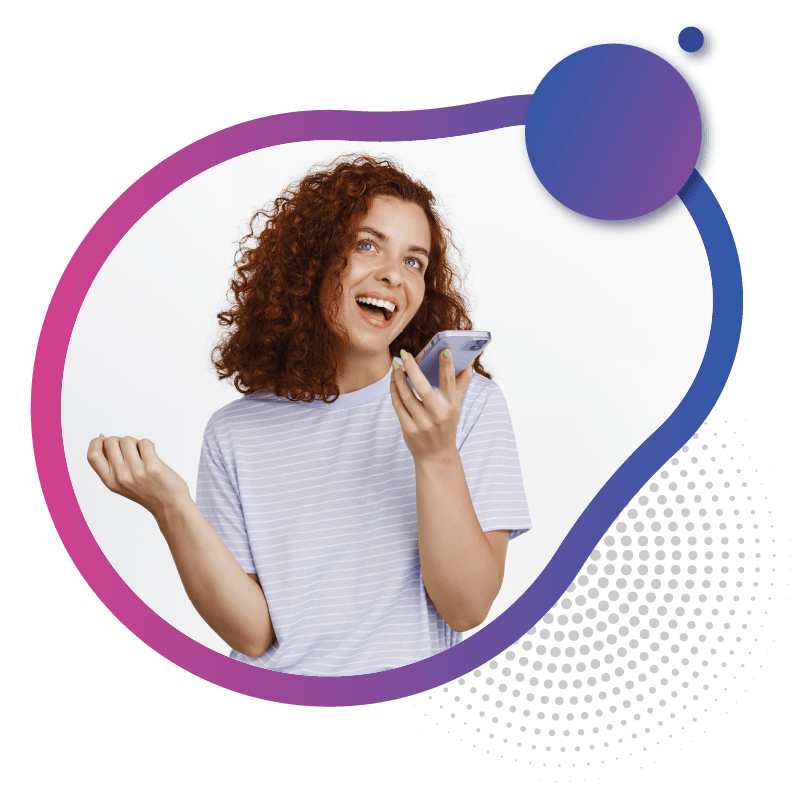 A person with curly hair wearing a striped shirt holds a smartphone, gesturing with their hand, representing the best eSIM providers in Australia for seamless connectivity.